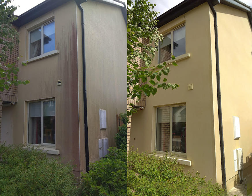 Side-by-side comparison of a house in Stockport showing dirty render before cleaning and clean render after professional cleaning